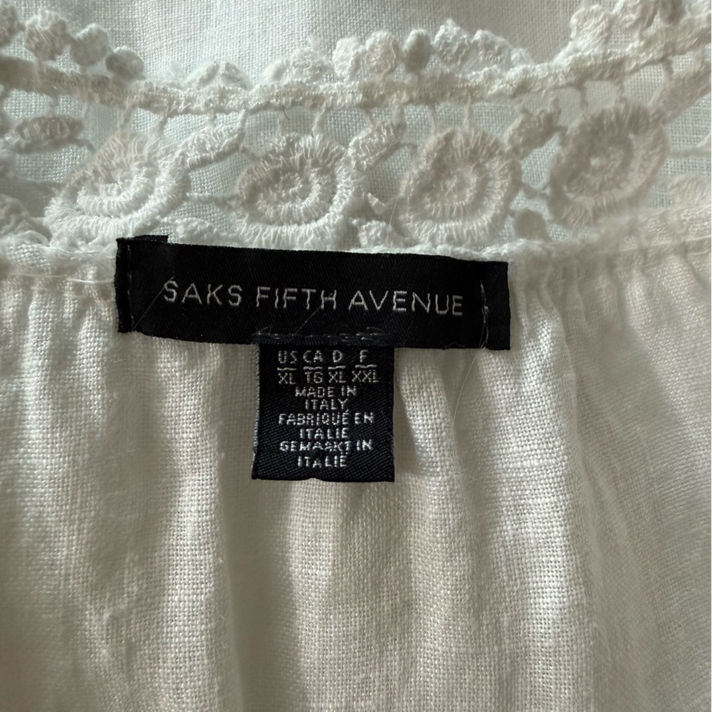 Saks Fifth Avenue 100% Linen white long-sleeve peasant-style blouse lace trim XL - Picture 6 of 7